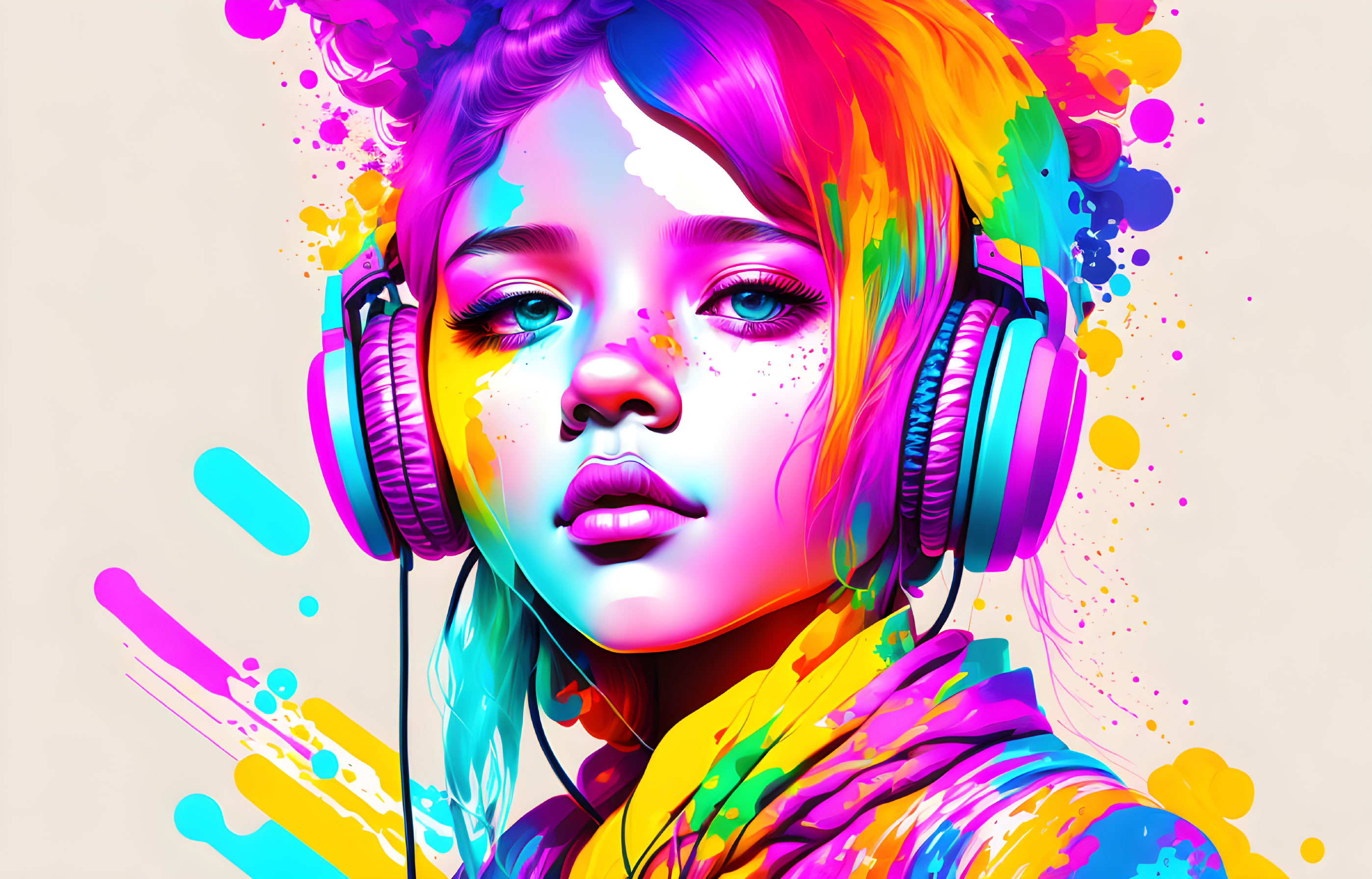 Colorful digital artwork of girl with headphones in splattered paint.