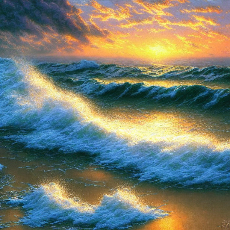 Scenic sunset over ocean with golden light on waves under cloudy sky