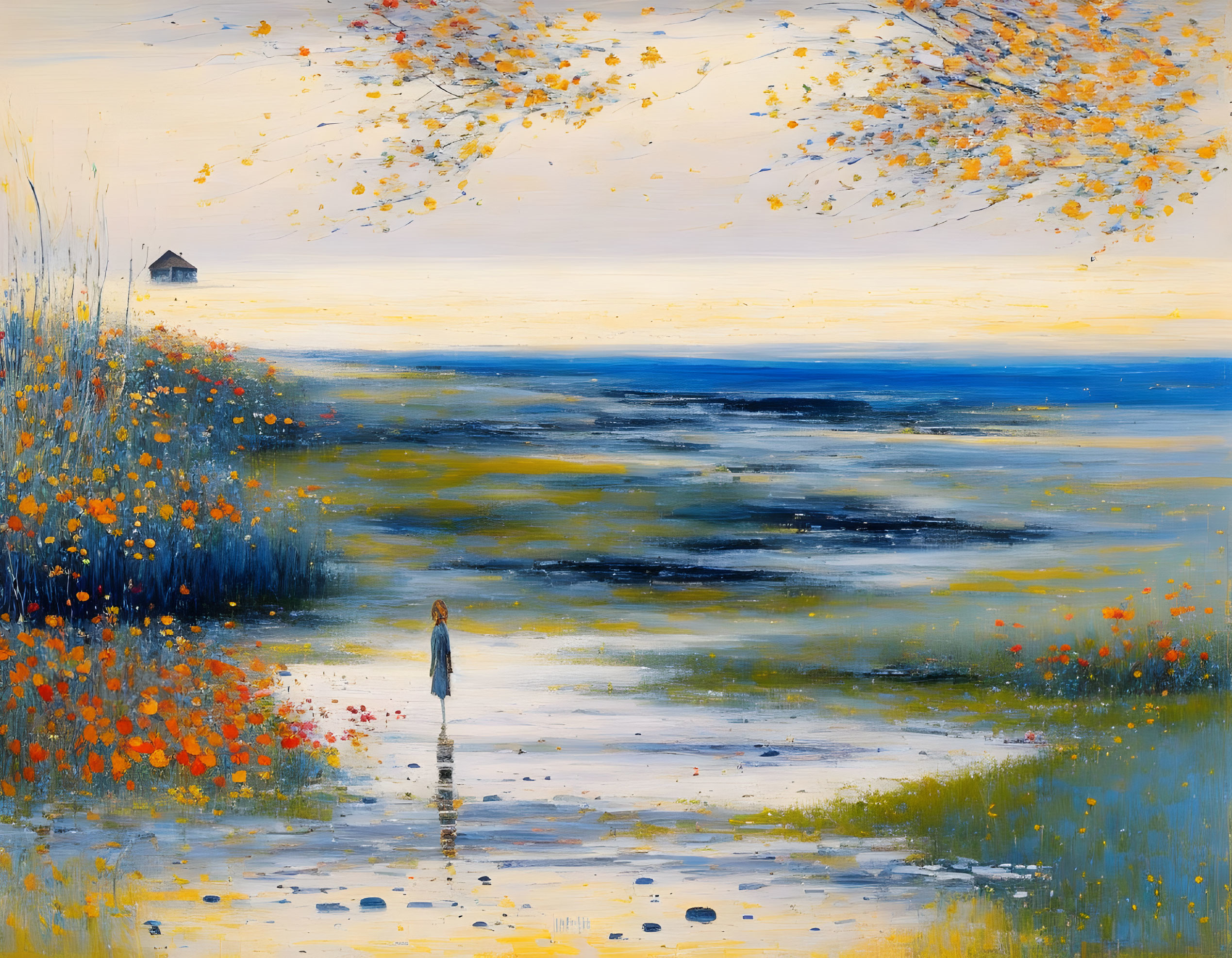 Person on Beach at Sunset with Blue Waves and Autumn Foliage