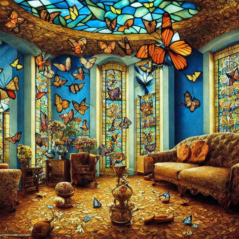 Butterfly-themed room with stained glass, ceiling art, real butterflies, elegant furniture, and warm