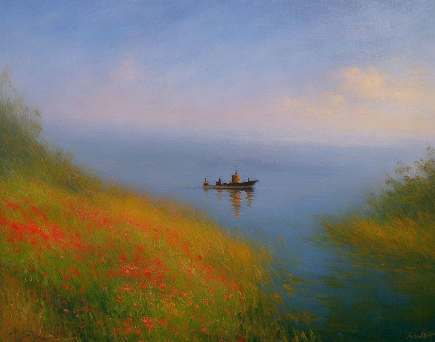 Tranquil painting of ship on calm sea near meadow