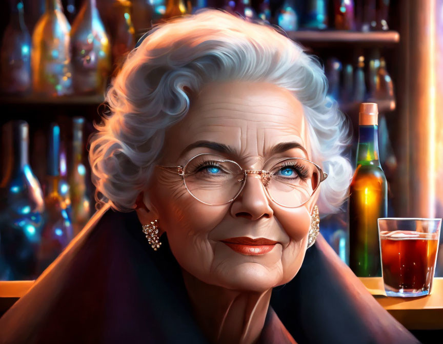 Elderly woman with white hair and glasses smiling in front of colorful bar bottles