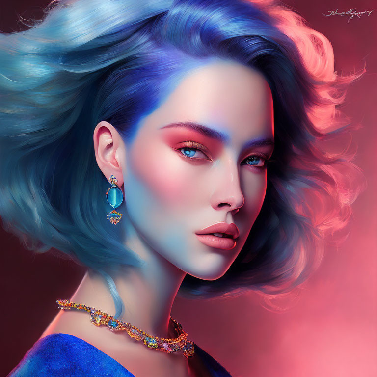 Vibrant digital portrait of a woman with blue and purple hair, blue eyes, earring,