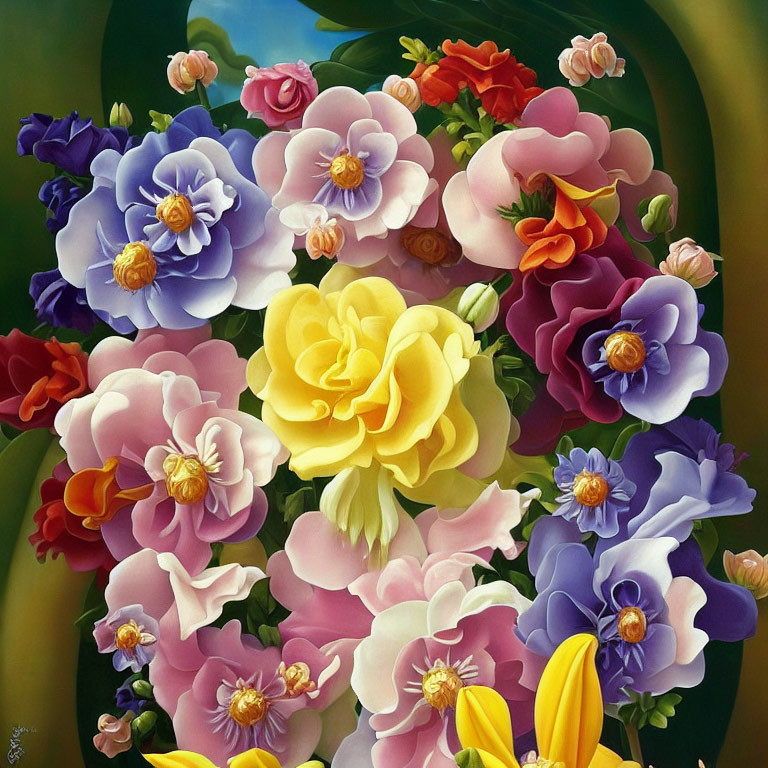 Colorful Flower Painting with Realistic Details on Dark Background