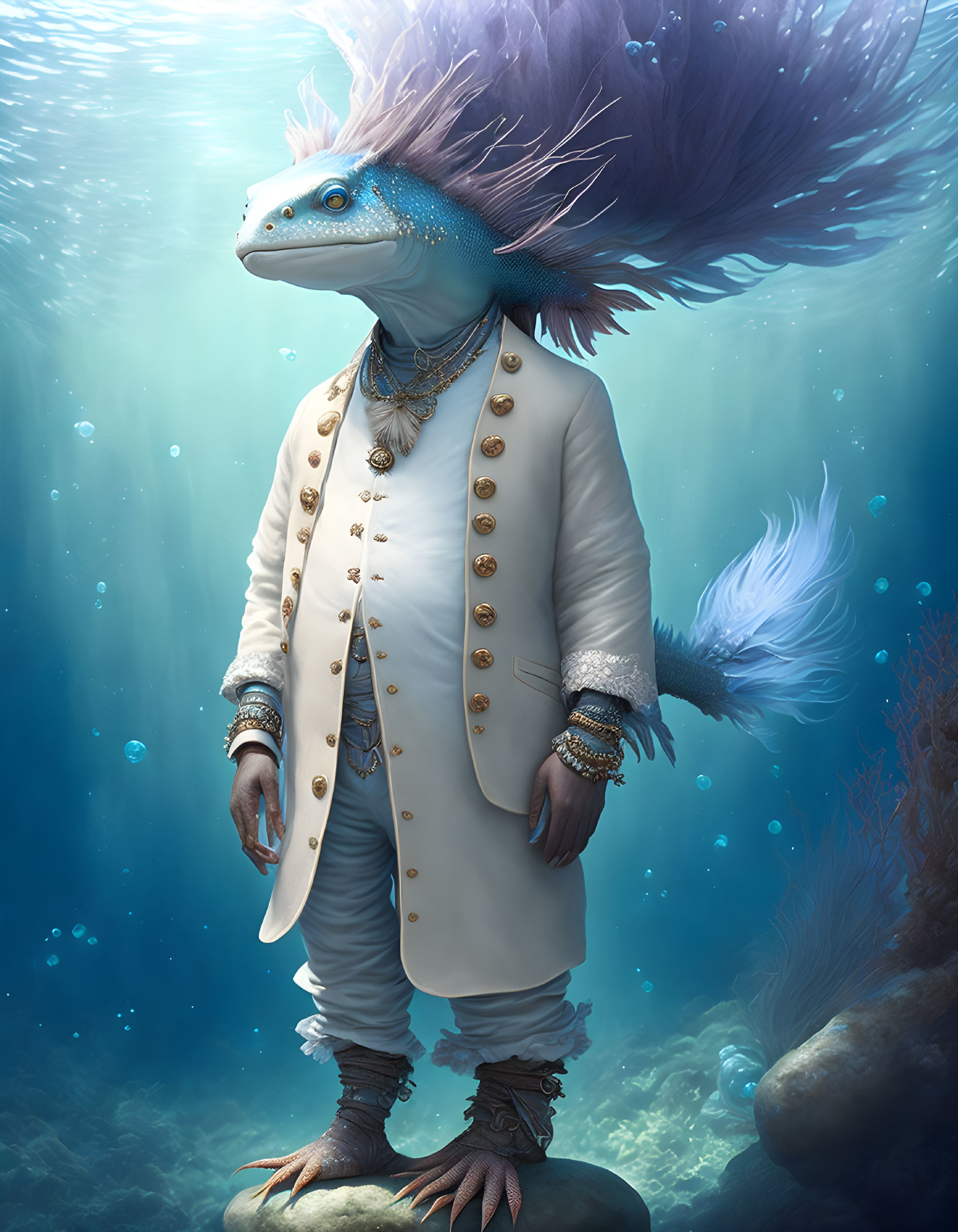 Anthropomorphic lizard in ornate coat underwater with feathered head plume