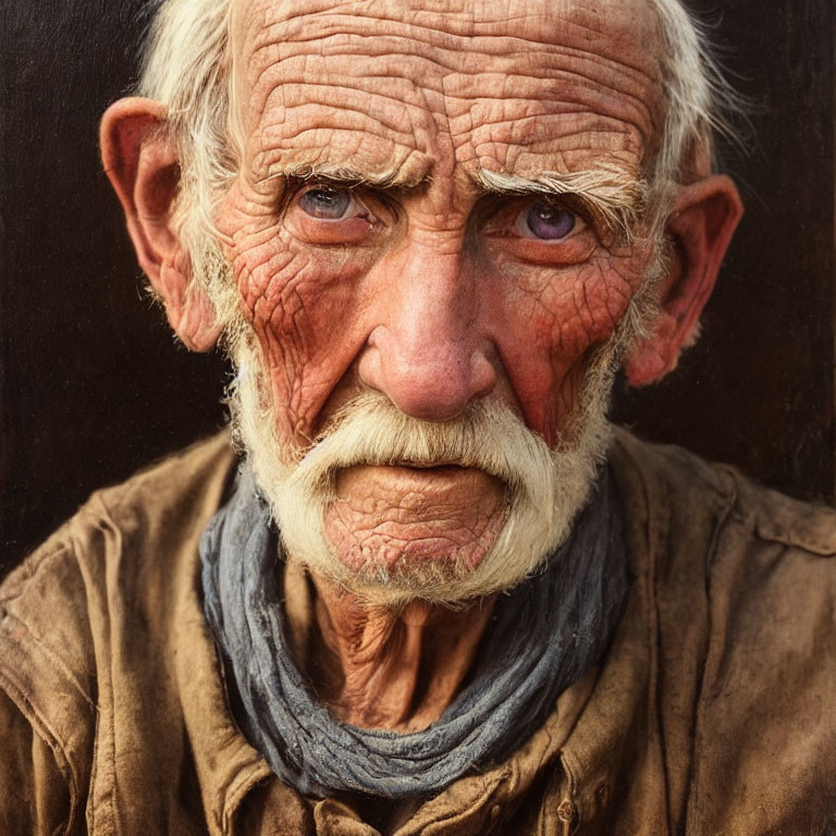 Elderly man with deep wrinkles in brown shirt and grey scarf