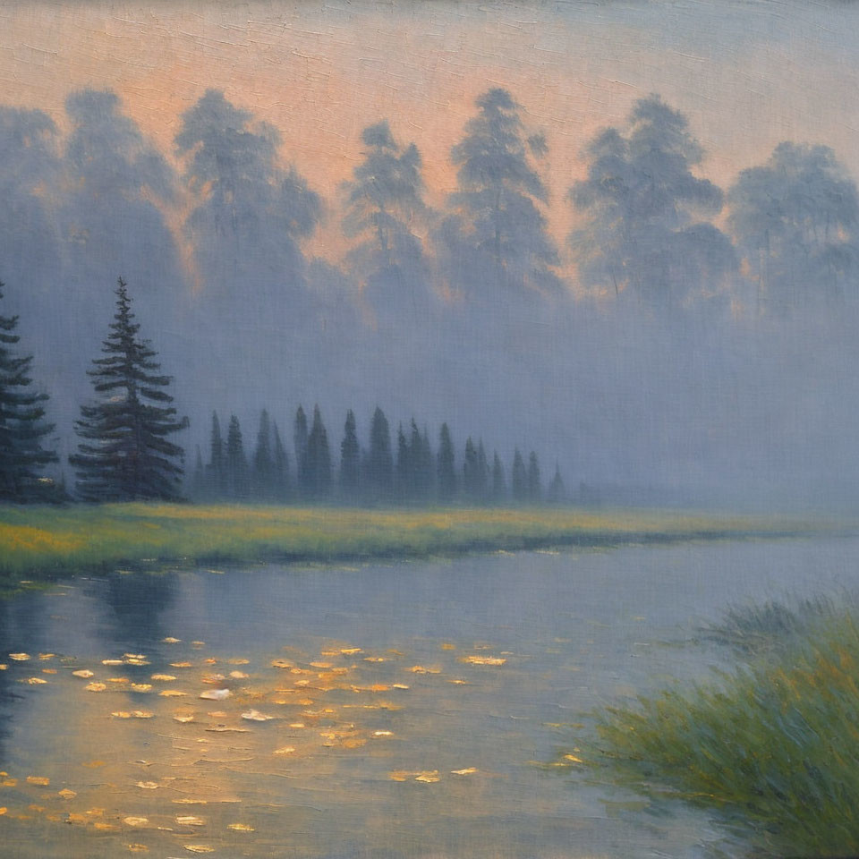 Misty forest at dusk: tranquil river, golden light, hazy sky