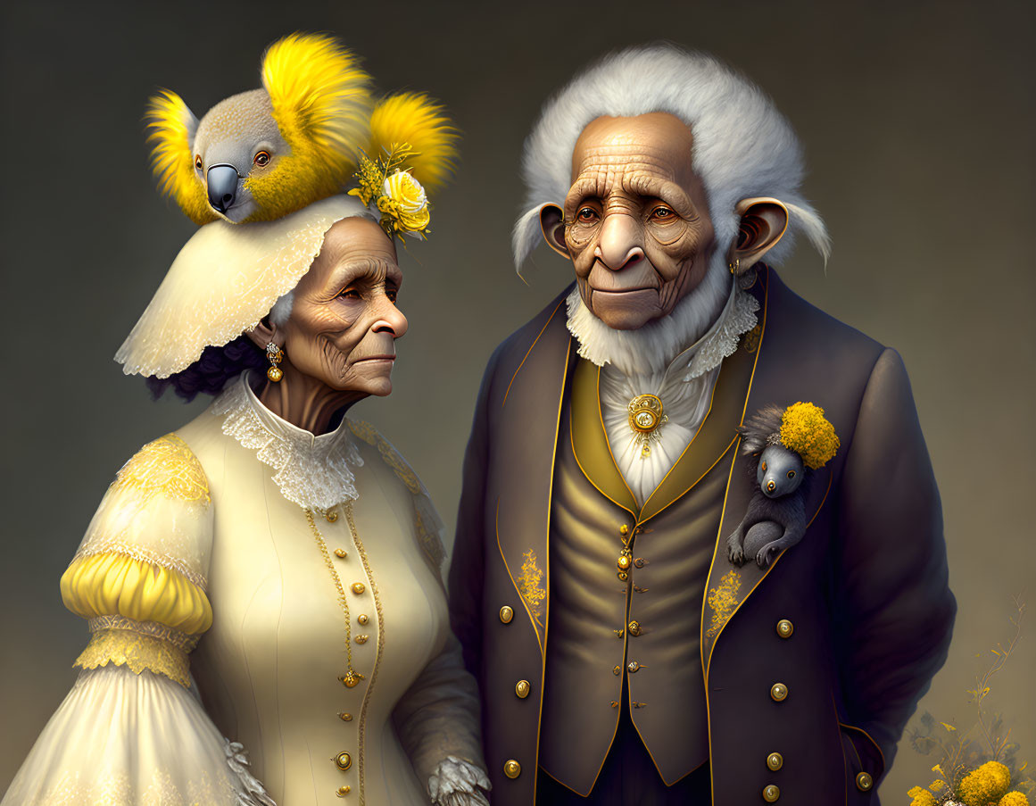 Elderly monkey couple in historical clothing with koala and mouse illustration