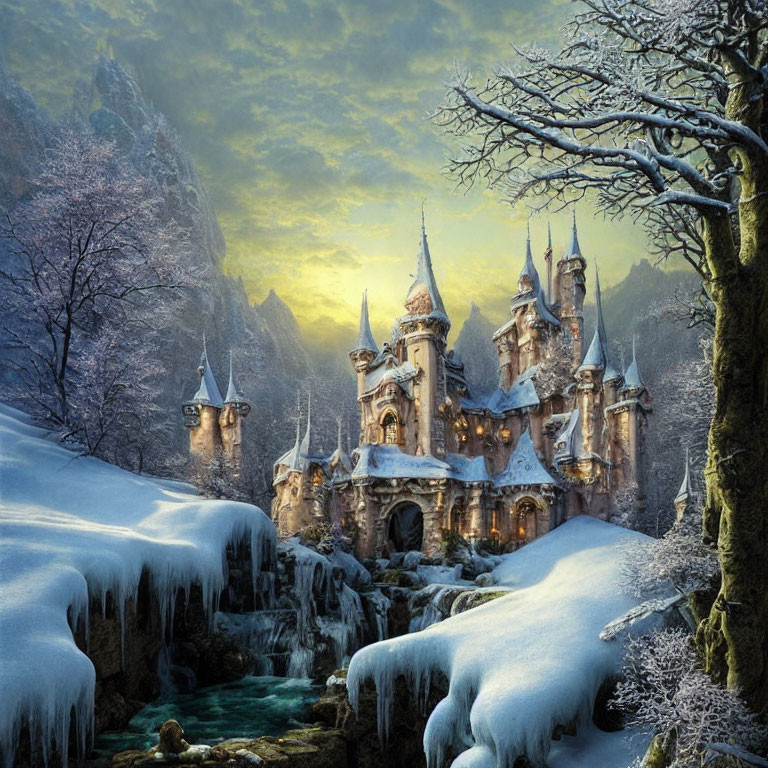 Snow-covered fairytale castle in wintry landscape with icy waterfalls.