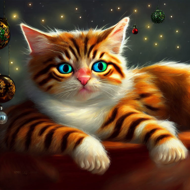 Orange Tabby Cat with Blue Eyes in Festive Christmas Setting