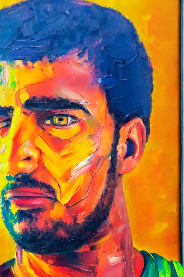 Colorful portrait of a man with intense eyes in bold orange, yellow, and blue hues