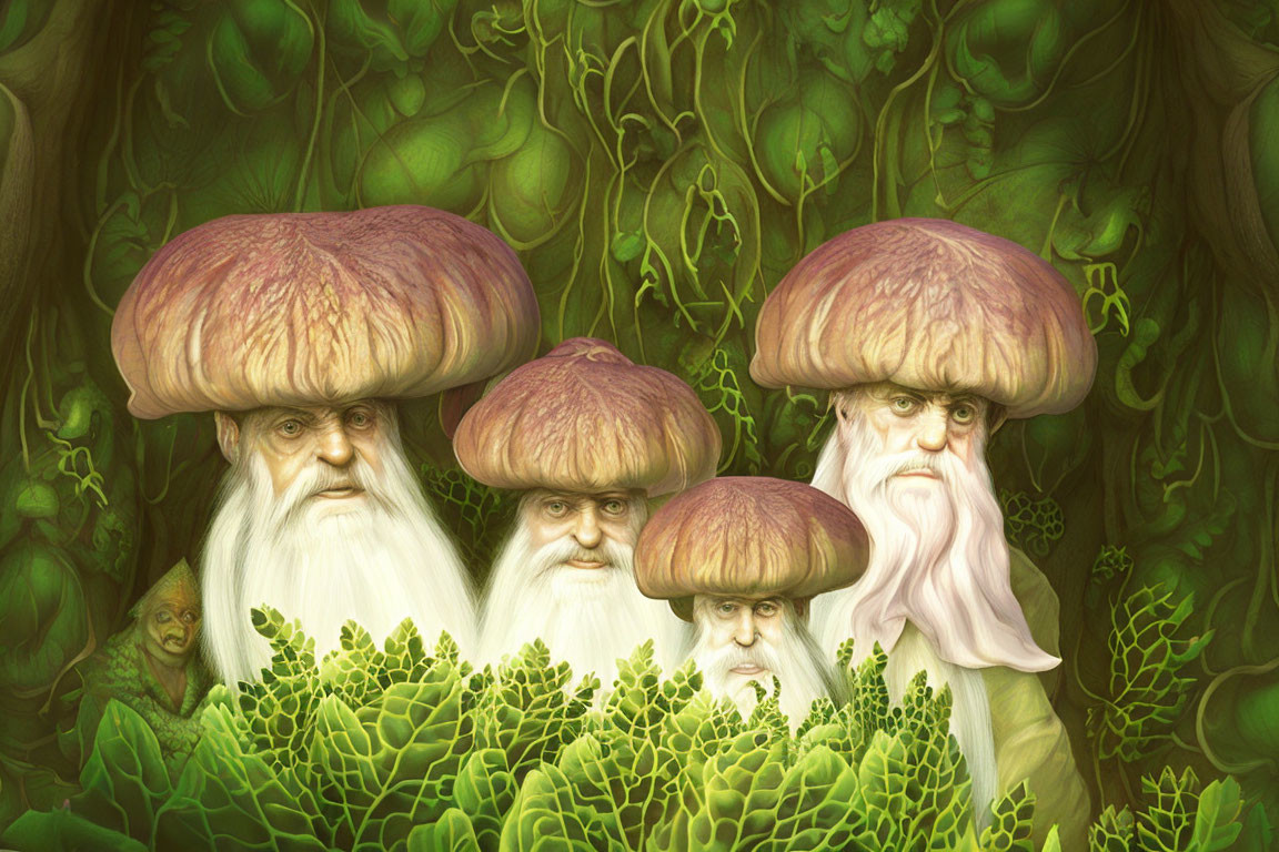 Whimsical characters with mushroom hats in lush green forest