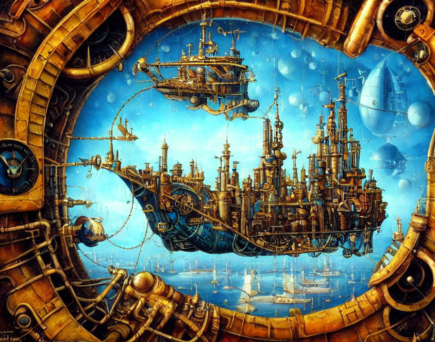 Steampunk cityscape with airships and blue color palette in circular brass frame