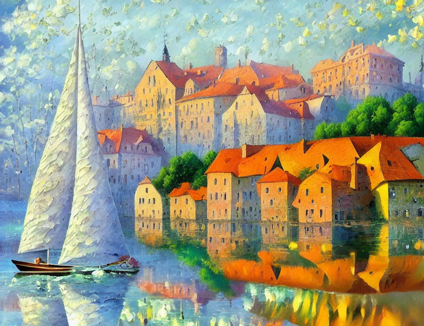 Serene lakeside painting with castle, sailboat, rowboat, and lush foliage