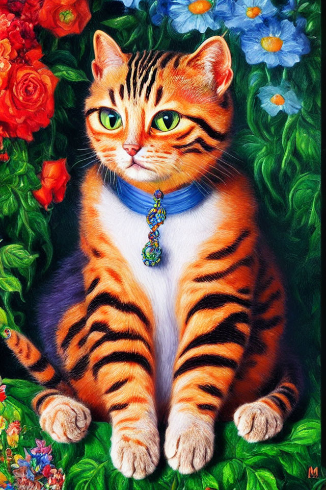 Vibrant painting of an orange tabby cat with green eyes in a floral setting