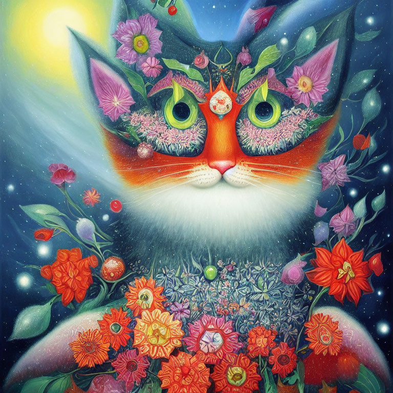 Colorful Floral Cat Illustration on Celestial Background