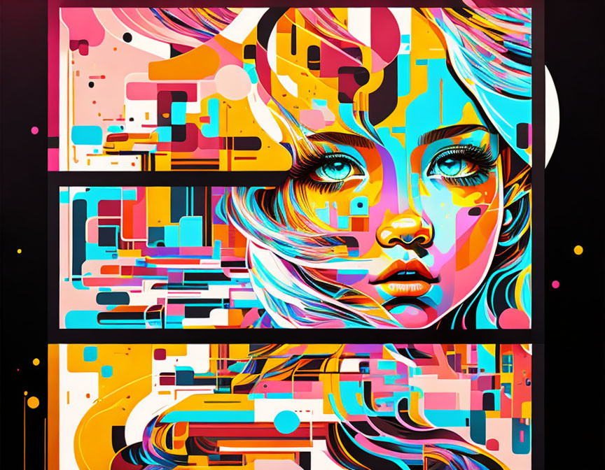 Colorful Abstract Art: Stylized Female Face in Three Panels