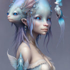 Pale blue-skinned woman with aquatic features and two stylized fish creatures.