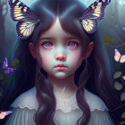 Digital Artwork: Young Girl with Large Purple Eyes and Butterflies