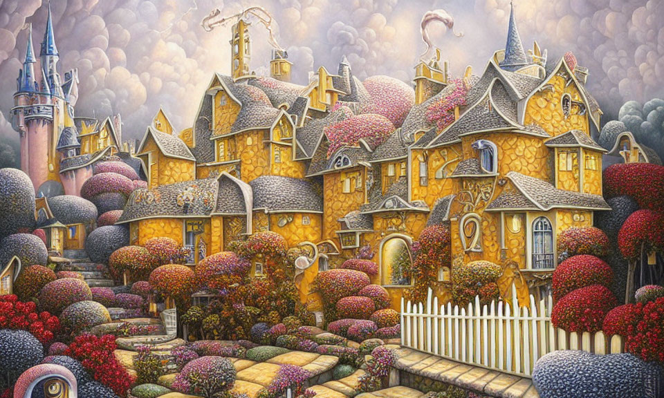 Colorful Fantasy Village Painting with Berry-Covered Houses and Castle