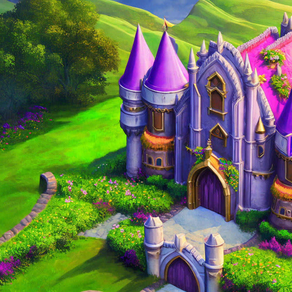 Fantasy Castle with Purple Rooftops in Vibrant Setting