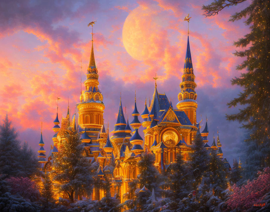 Fantastical castle with spires under sunset sky and moon, surrounded by lush forests.