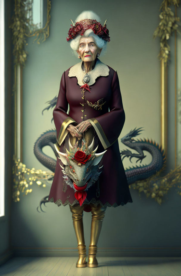 Elderly woman in Victorian dress with dragon headpiece in ornate room