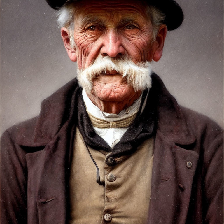 Elderly Man with White Mustache in Cap, Coat, and Scarf