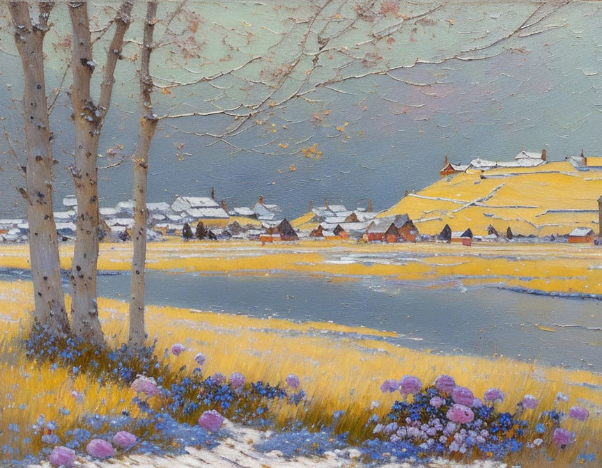 Snowy Landscape Painting with Bare Trees, Flowers, and Village Scenery