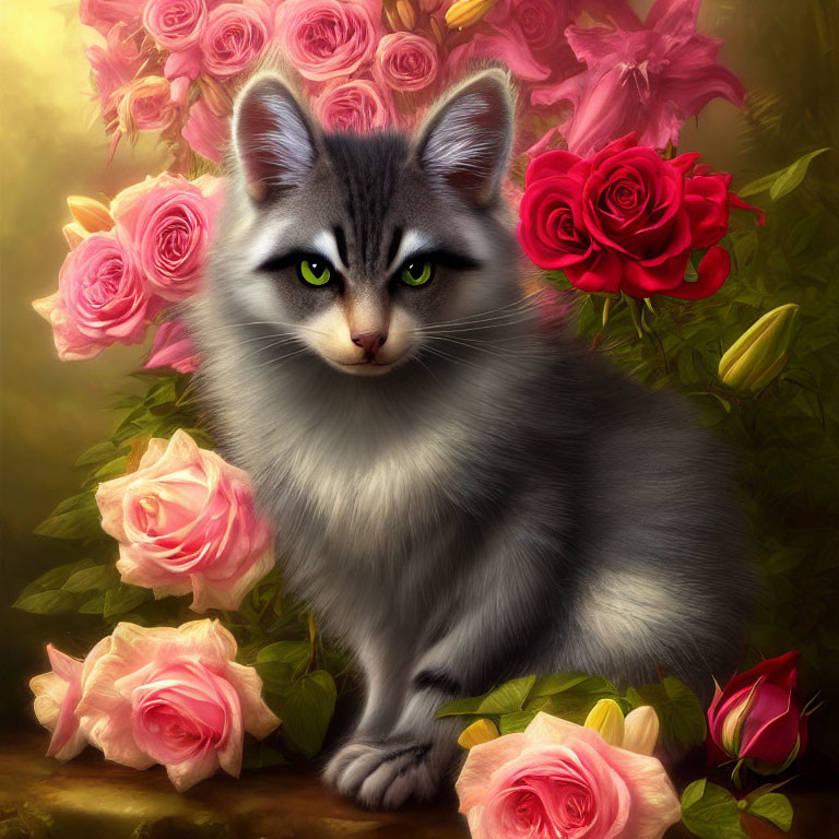 Fluffy Gray Cat Surrounded by Pink and Red Roses