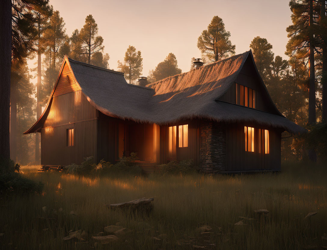 Thatched Roof Cottage in Tranquil Forest Glade at Sunset