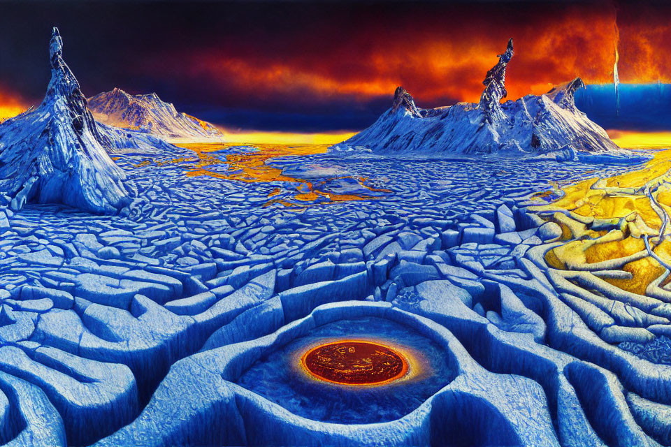 Surreal landscape with icy blue terrain and erupting volcanoes