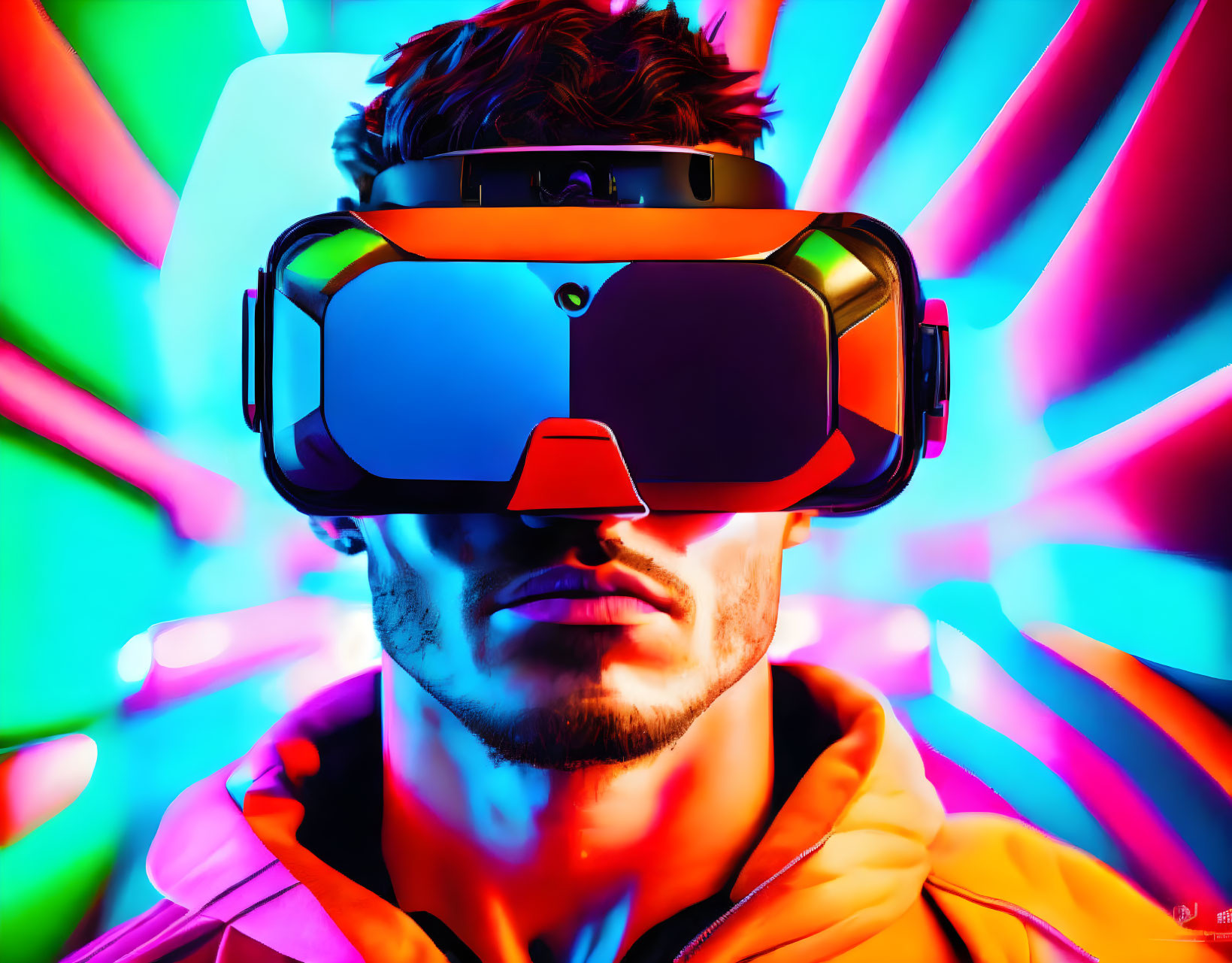 Bearded man in VR headset with neon lights