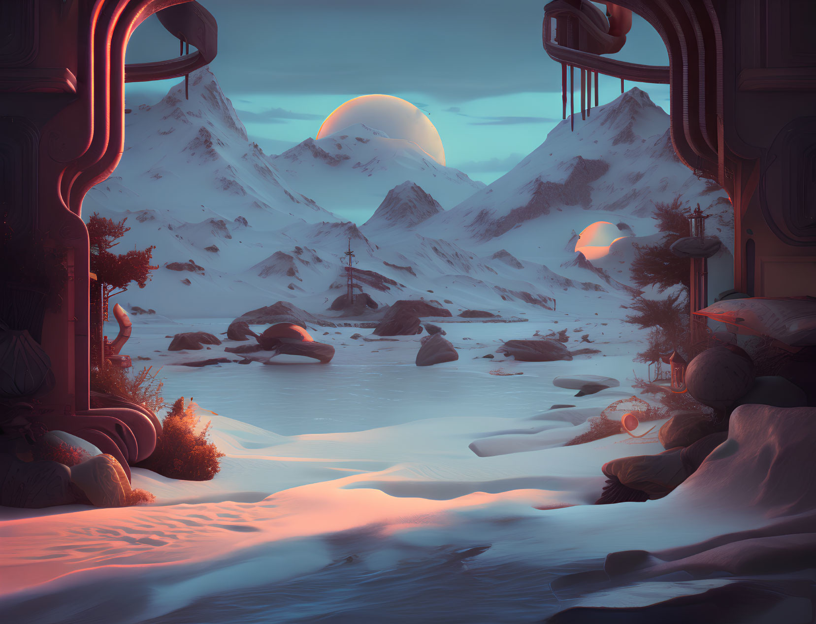 Surreal snow-covered mountains with dual suns and alien-like structures