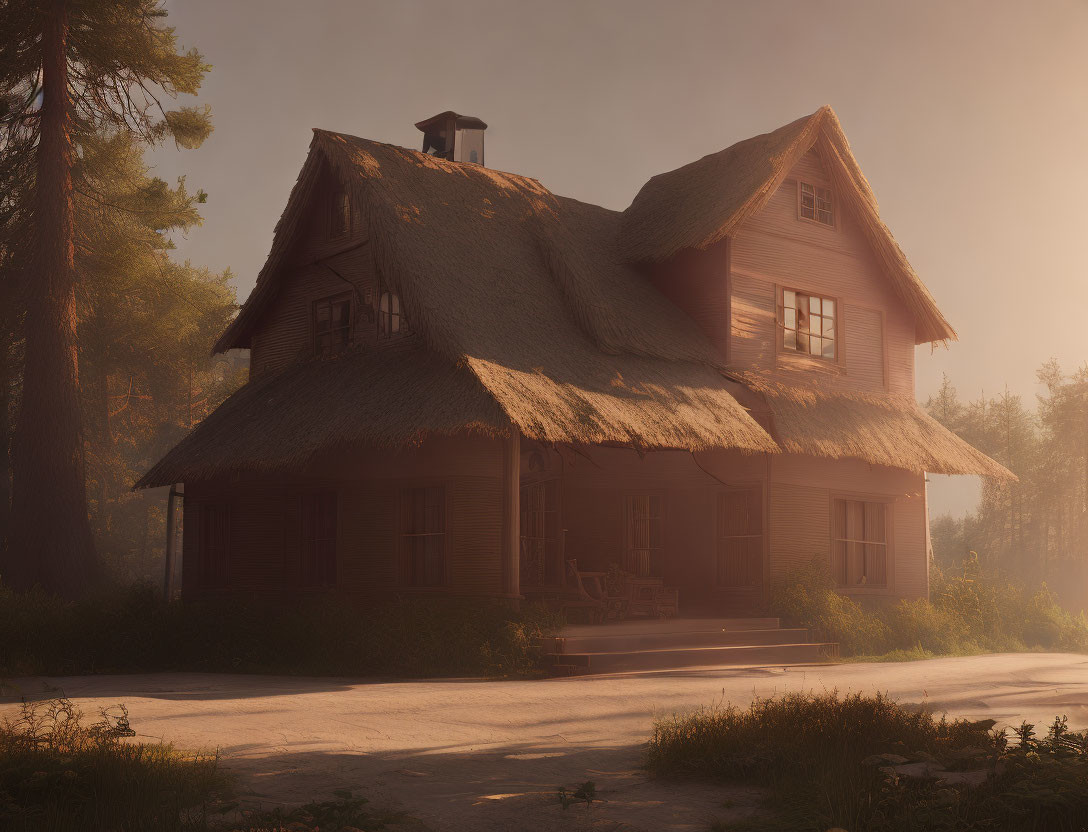 Serene forest scene: Thatched-roof cottage in warm sunlight