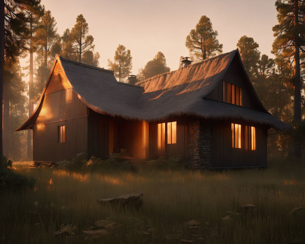 Thatched Roof Cottage in Tranquil Forest Glade at Sunset