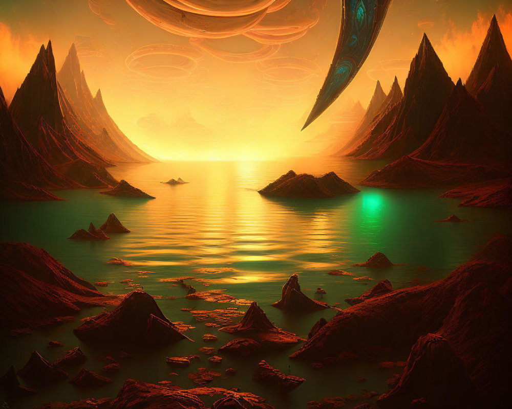 Sci-fi landscape with sharp mountains, greenish-orange lake, and alien planets