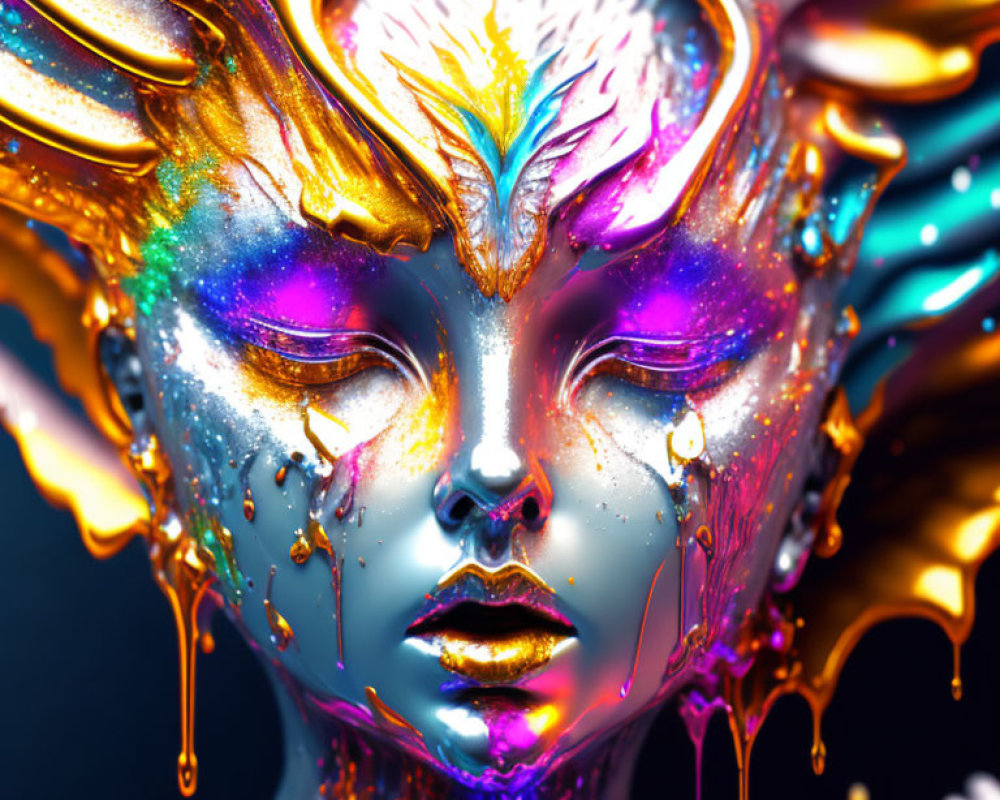 Colorful surreal digital artwork of figure with glossy, dripping face in gold, blue, and purple hues