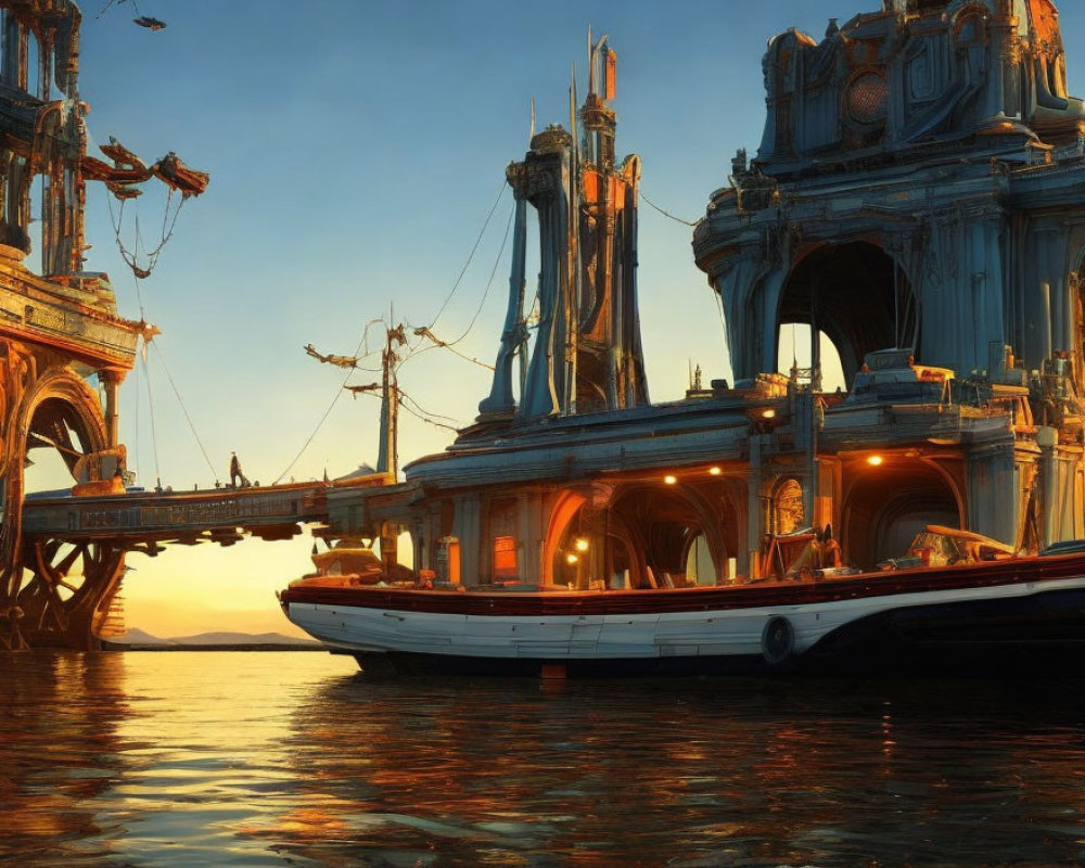 Ornate steamboat beside grandiose sunset-lit structure