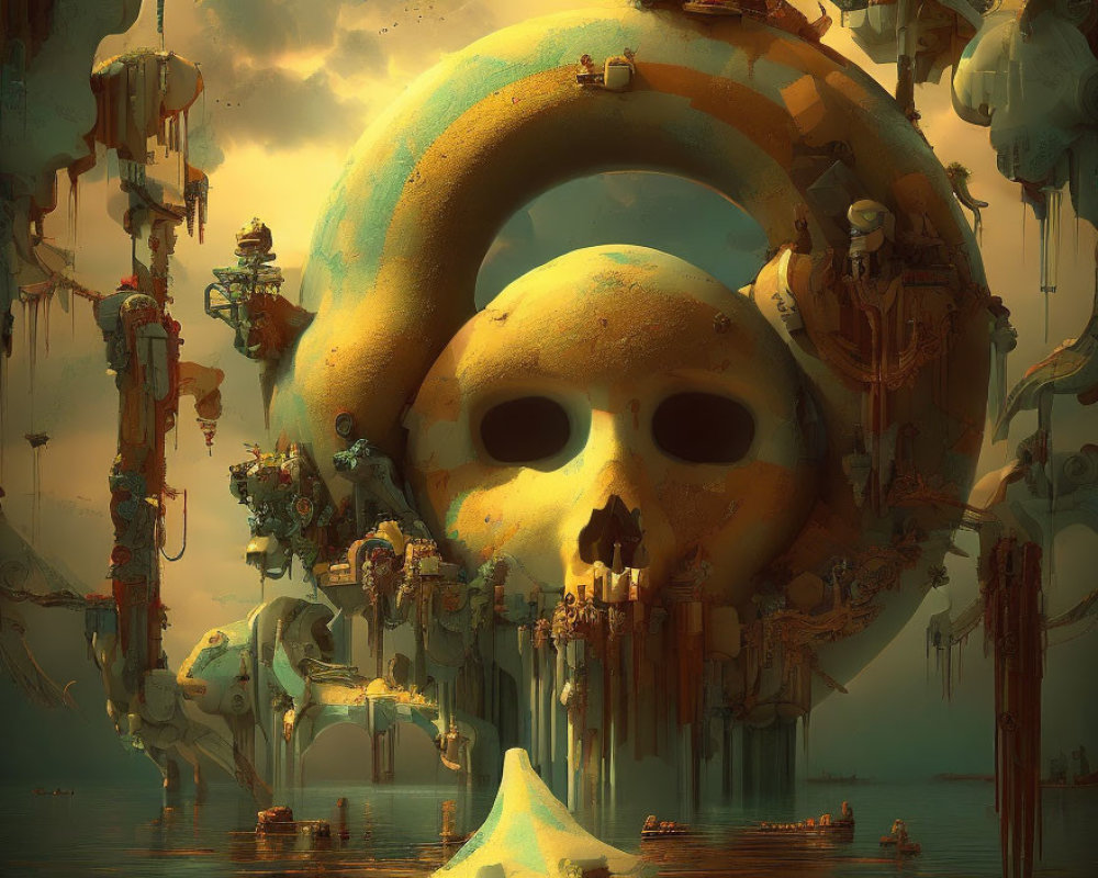 Fantastical dystopian landscape with giant skull and yellowish-green atmosphere