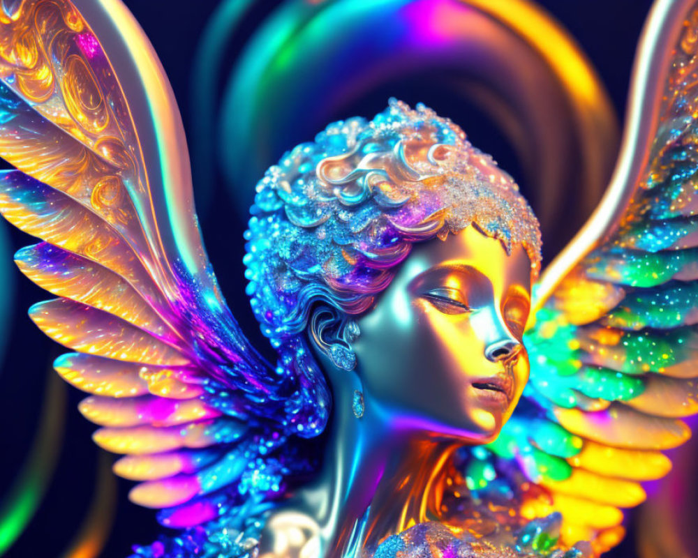 Colorful Digital Artwork: Serene Female Figure with Butterfly Wings