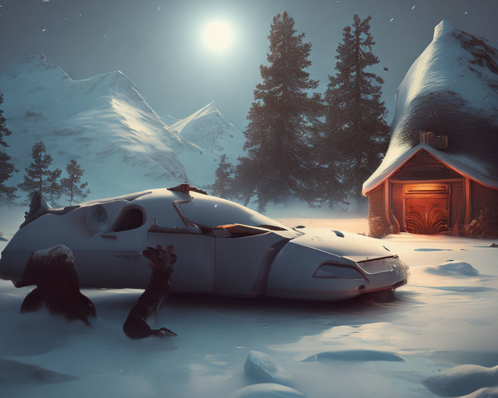 Snow-covered night landscape with futuristic vehicle, cozy cabin, moon, and stars