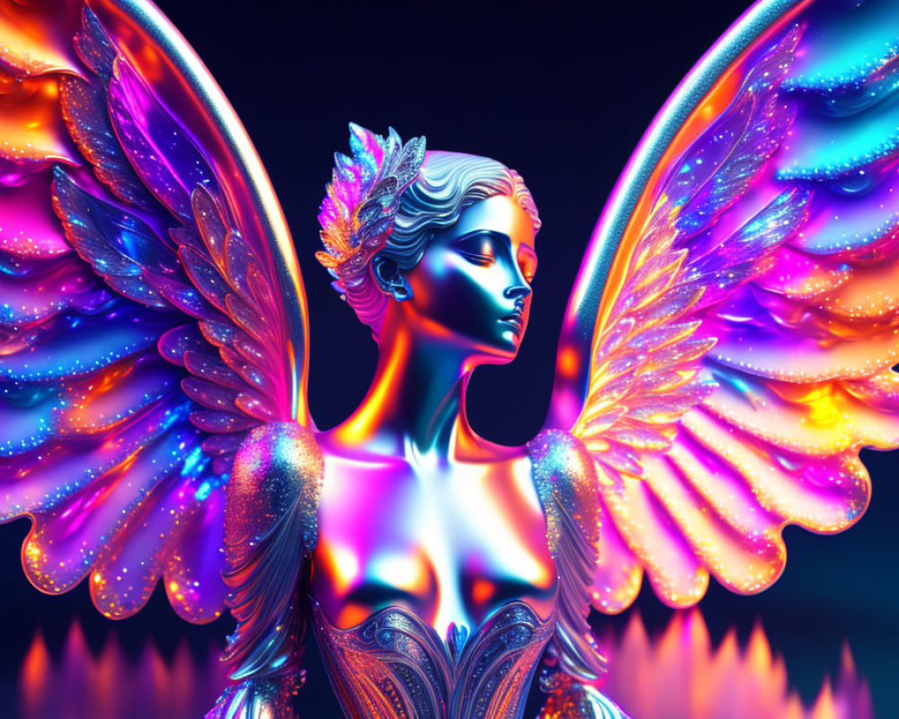 Digital Artwork: Angelic Figure with Iridescent Wings