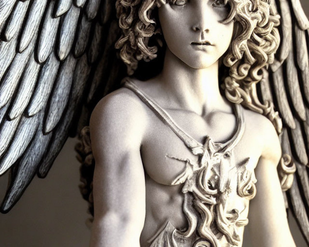 Detailed Sculpture of Curly-Haired Angel with Feathered Wings