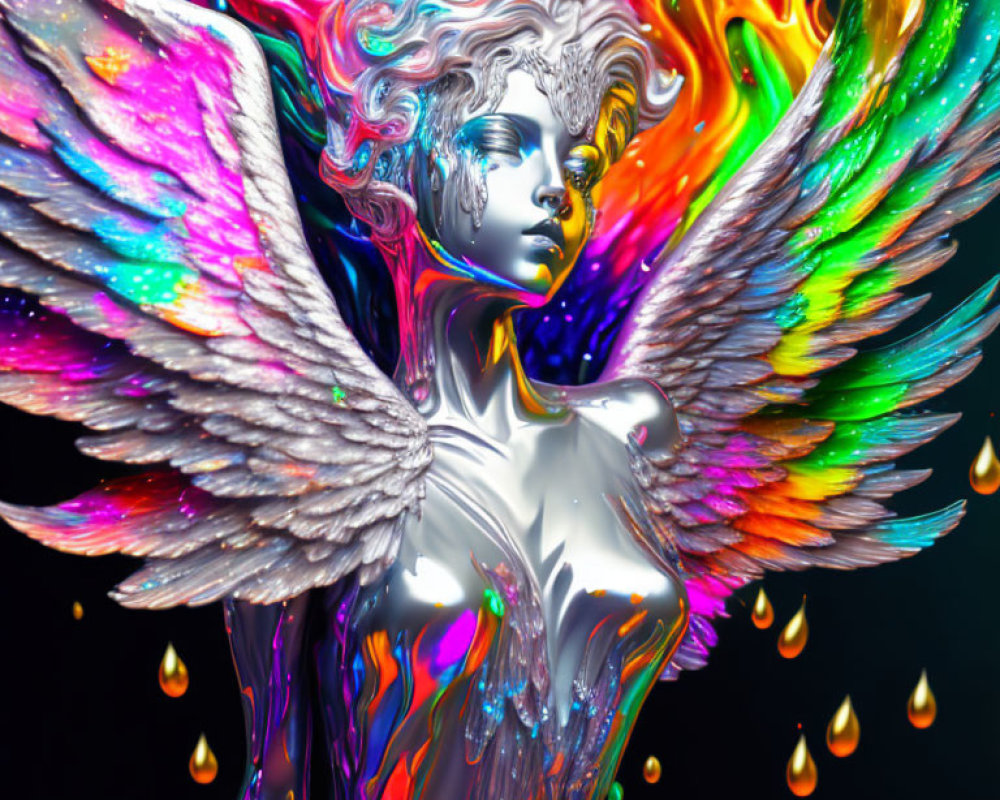 Colorful Angel Artwork with Multicolored Wings on Dark Background