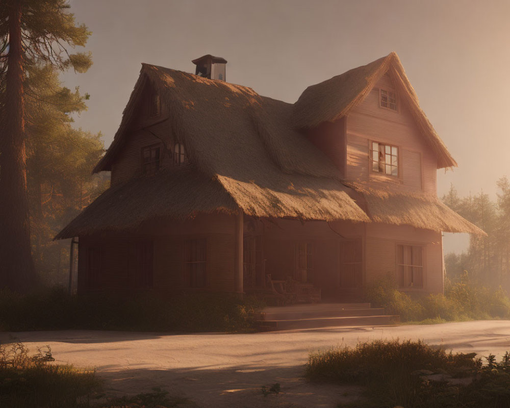 Serene forest scene: Thatched-roof cottage in warm sunlight