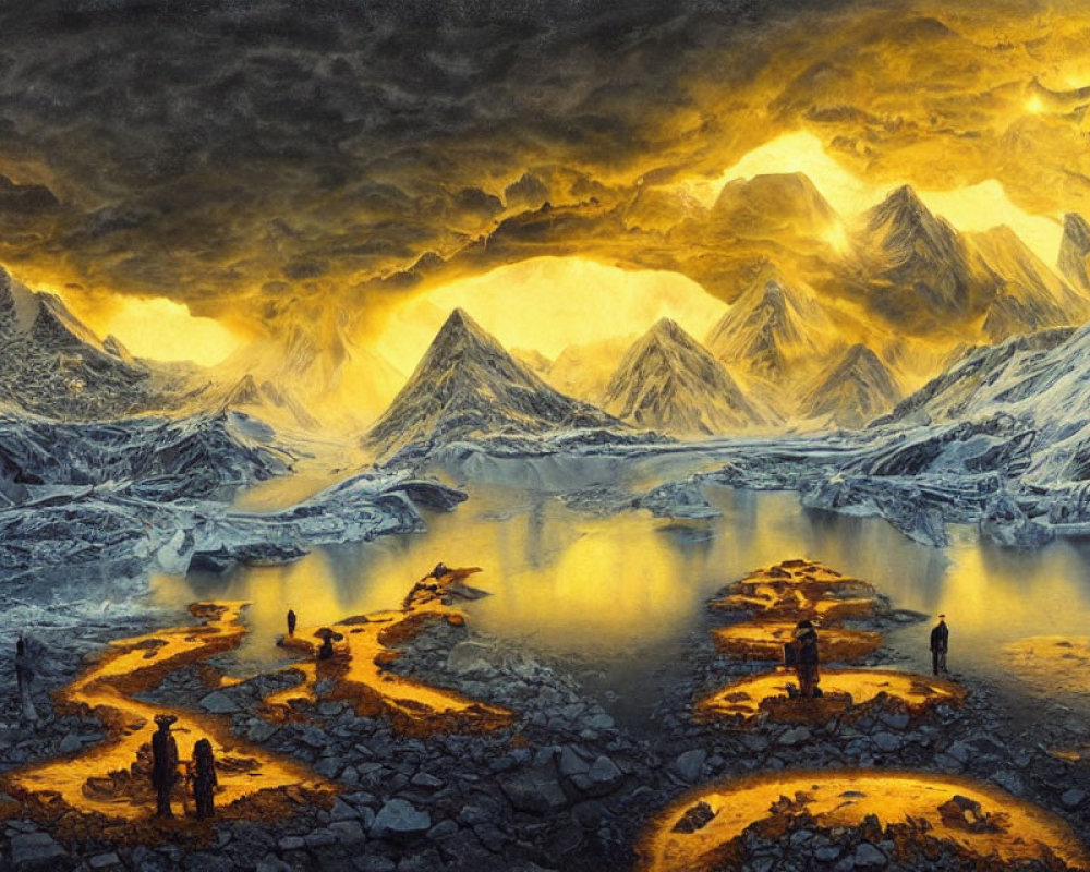 Dramatic Landscape with Glowing Lava Rings and Snow-Capped Mountains