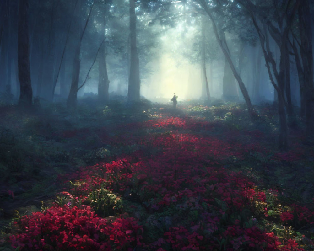 Enchanting forest scene with red flowers, towering trees, and mysterious figure