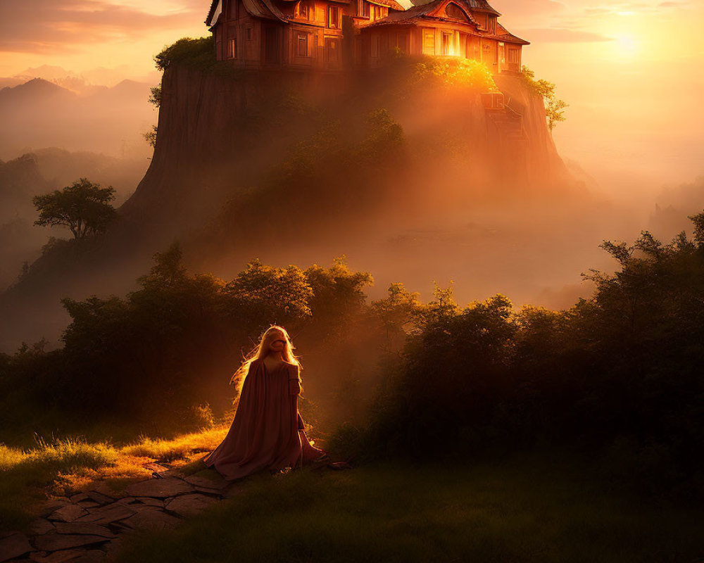 Woman in flowing dress on path to hilltop house in misty golden landscape