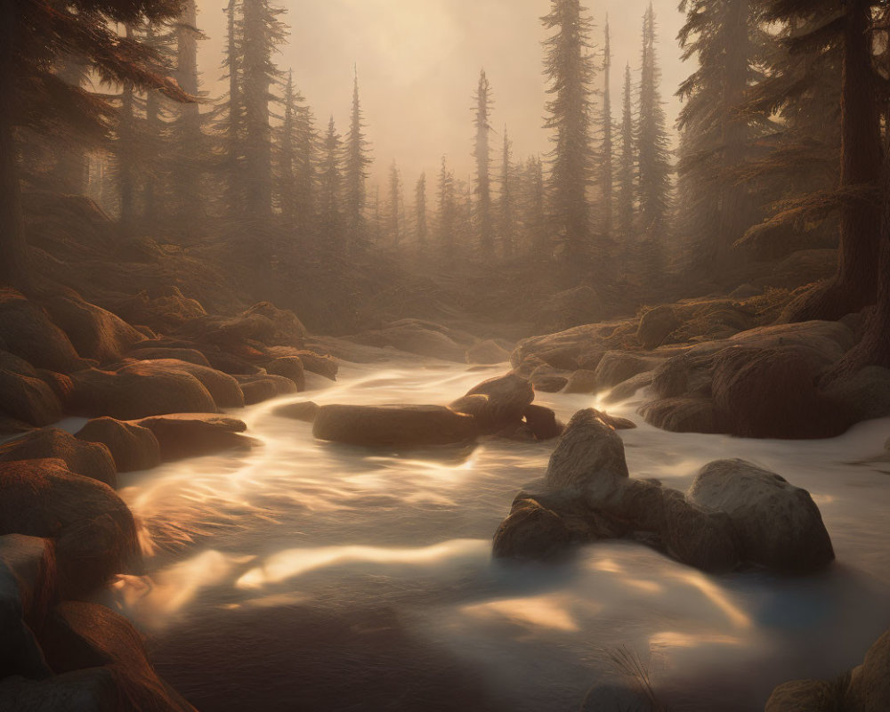 Twilight forest scene: tranquil river, misty sunlight, smooth rocks.